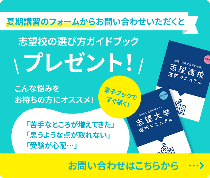 画像：夏期講習のお問い合わせをいただくと、指定校の選び方ガイドブックプレゼント！